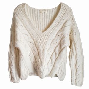 Anthropologie off-white chunky knit pullover v-neck sweater women size small